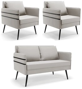 Kit 01 Namoradeira 02 Lugares e 02 Poltronas Mari Veludo Cinza Pés Palito de Ferro