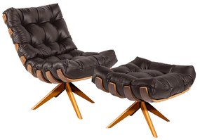 Poltrona com Puff Giratório Costela Couro Marrom Base de Madeira MA30 M11 - D'Rossi