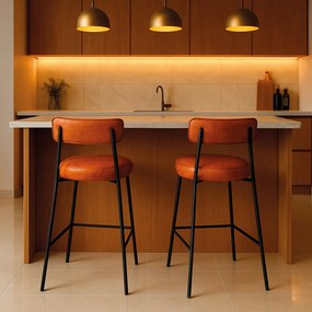 Banqueta de Cozinha Baixa com encosto Industrial em aço kit 2 Londres PU D03 - D'Rossi - Nozes