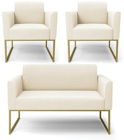 Sofá Namoradeira com 2 Poltronas Base Industrial Dourado Marisa Veludo D03 - D'Rossi - Bege