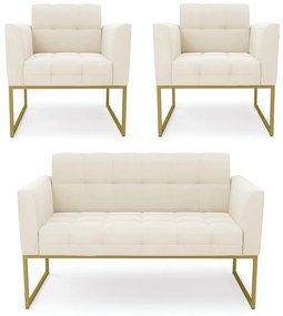 Kit 1 Sofá Namoradeira e 2 Poltronas Elisa Veludo Base Metálica Industrial Dourado - D'Rossi - Bege