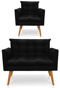Kit 1 Sofá Namoradeira e 1 Poltrona Tais Suede Pés Palito Castanho - D'Rossi - Preto