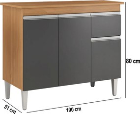 Balcão Cozinha com Tampo 100cm 3 Portas Taylla A01 - D'Rossi - Amendoa e Preto