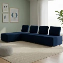 Sofá 4 Lugares Com Chaise 296cm Rovier Veludo Azul Z32 - Mpozena
