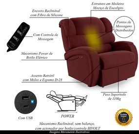 Poltrona do Papai Sala de Cinema Reclinável Kylie Power Touch Massagem USB Veludo Vinho G23