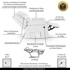 Poltrona do Papai Reclinável Sala de Cinema Madrid Power Elétrica Massagem USB PU Branco  G23