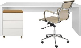 Conjunto Office - Bancada Contemporânea Branco 1,80m + Módulo Contemporâneo 3 gavetas Louro Freijó e Branco 42,5cm + Cadeira Noruega Cobre