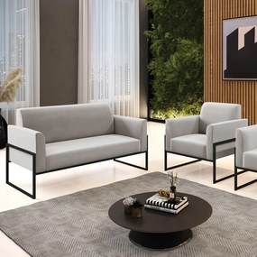 Sofá Namoradeira com Poltrona Base Industrial Alta Preto Marisa Veludo D03 - D'Rossi  - Cinza