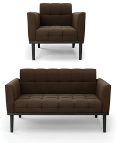 Sofá Namoradeira e Poltrona Base de Madeira Preto Elisa Suede D03 - D'Rossi - Marrom