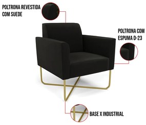 Kit 2 Poltronas Base X Industrial Dourado Marisa Suede - Preto