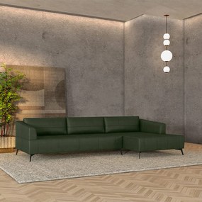 Sofá Bipartido Sala de Estar Kiara 332cm Chaise Direito Pés de Ferro Couro Verde Manchado G52 - Gran Belo