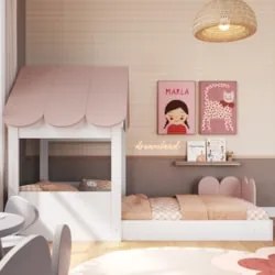 Cama Solteiro Infantil Montessoriana Casinha Nana Branco/Rosa C06 - Mp