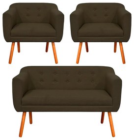 Kit 01 Namoradeira e 02 Poltronas Julia Linho Pés Palito Castanho D01 - D'Rossi - Marrom A78