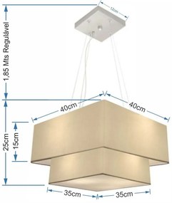 Lustre Pendente Duplo Quadrado Vivare Md-4157 Cúpula em Tecido 40x35cm Algodão Crú - Bivolt