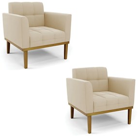 Poltrona Sala Decorativa Kit 2 Elisa Base de Madeira Castanho Suede D03 - D'Rossi - Bege