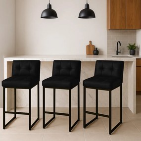 Banqueta Cozinha Alta com Encosto Industrial Kit 3 Preto Lirina PU Preto C05 - D'Rossi