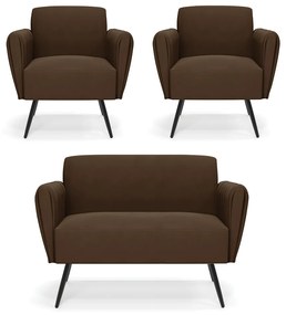 Sofá Namoradeira com 2 Poltronas Pés Palito de Ferro Bruna Suede D01 - D'Rossi - Marrom