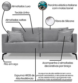 Sofá 3 Lugares Pé de Ferro Preto Rafaela 220 cm Linho S04 - D'Rossi - Cinza