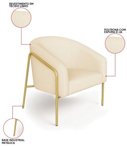 Poltrona Sala Industrial Alta Dourado Kit 2 Stella Linho D03 - D'Rossi - Bege