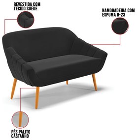 Namoradeira 02 Lugares Giovana Suede Pés Palito Castanho D03 - D'Rossi - Preto