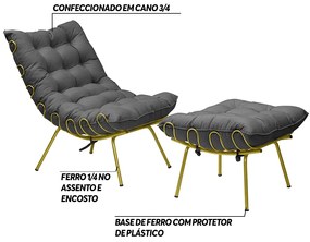 Conjunto Decorativo Poltrona e Puff Abel Base de Ferro Dourada Suede Cinza G41 - Gran Belo