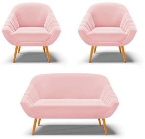 Kit 01 Namoradeira 02 Lugares e 02 Poltronas Giovana Suede Rosa Bebê Pés Palito Castanho - D'Rossi