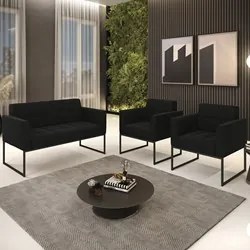 Sofá Namoradeira e 2 Poltronas Base Industrial Preto Ana Suede Preto -