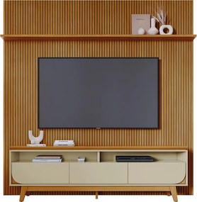 Painel TV 75 Pol 238cm Ripado Kalven e Bancada Elarin M20 - D'Rossi - Cumaru(fosco)/Opala(brilho)