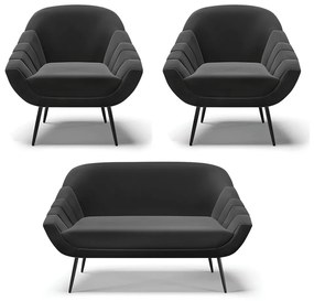 Kit 01 Namoradeira 02 Lugares e 02 Poltronas Giovana Suede Preto Pés Palito De Ferro - D'Rossi