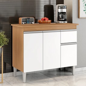 Balcão Cozinha com Tampo 100cm 3 Portas Taylla A01 - D'Rossi - Amendoa e Branco