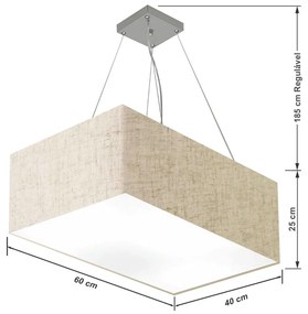 Lustre Pendente Retangular Md-4372 Cúpula em Tecido 60x40cm Rustico Bege