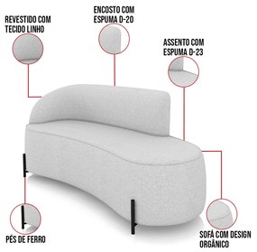 Sofá 3 Lugares Orgânico 180cm Pé Ferro Preto Morgan Linho D03 - D'Rossi - Cinza