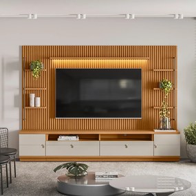 Painel para TV até 75 Polegadas Ripado Betina com Rack Bancada e Módulos Laterais Nature e Off White 268x198 cm L04 - D'Rossi