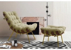 Kit 2 Puffs Decorativos Sala de Estar Abel Base de Madeira Dourada Veludo Bege G41 - Gran Belo