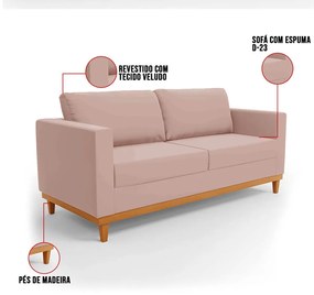 Sofá 03 Lugares Juliette Veludo Rosê Base Madeira Castanho