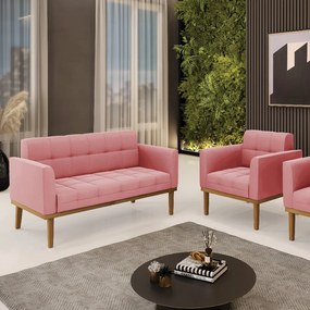Namoradeira com Poltrona Base de Madeira Castanho Elisa Suede D03 - D'Rossi - Rose