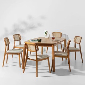 Conjunto Mesa de Jantar Lalá Retangular Carvalho Americano - 1,60mx90cm + 6 Cadeira Lótus Encosto Palha Larga - Trenddie Cru