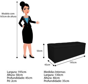 Calçadeira Estofada Manchester 195 cm King Size Corano Preto - ADJ Decor