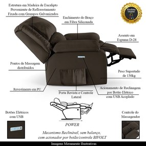 Poltrona do Papai Reclinável Sala de Cinema Madrid Elétrica Touch Massagem USB PU Marrom  G23