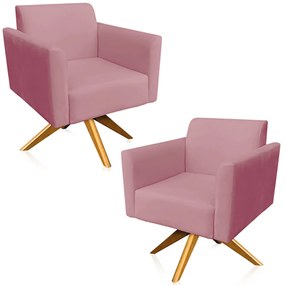 Kit 02 Poltronas Decorativas Isabella Base Giratória Madeira Suede Rosê G19 - Gran Belo
