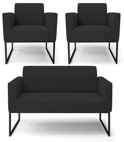 Sofá Namoradeira com 2 Poltronas Base Industrial Preto Marisa Veludo D03 - D'Rossi - Preto