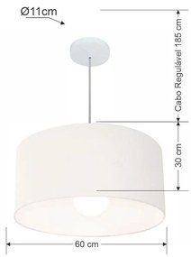 Lustre Pendente Cilíndrico Md-4169 Cúpula em Tecido 60x30cm Branco - Bivolt
