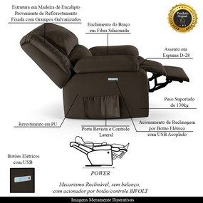 Poltrona do Papai Reclinável Sala de Cinema Madrid Elétrica Touch USB PU Marrom  G23