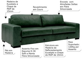 Sofá 3 Lugares Sala de Estar Pés Madeira Aisla 210 cm Couro/Verde G43 - Gran Belo