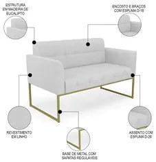 Sofá Namoradeira Base Industrial Dourado Ana Linho Cinza - Ibiza