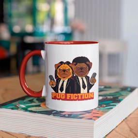 Caneca Pug Fiction Dog Cachorro Geek Nerd Branca com Alça Marrom