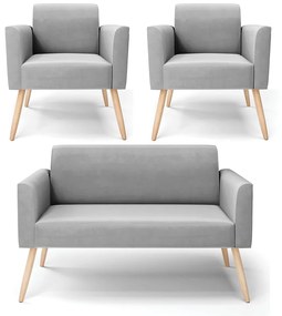 Sofá Namoradeira com 2 Poltronas Pés Palito Natural Marisa Suede Cinza D03 - D'Rossi