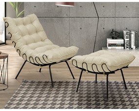Conjunto Decorativo Poltrona e Puff Abel Base de Ferro Preto Veludo Bege G41 - Gran Belo
