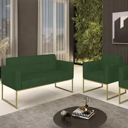 Sofá Namoradeira e 1 Poltrona Base Industrial Dourado Ana Veludo Luxo