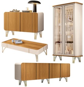 Conjunto 1 Cristaleira 2 Buffets e 1 Mesa de Centro Texas/Virginia/Bambino/Rennes Off White/Cinamomo G26 - Gran Belo